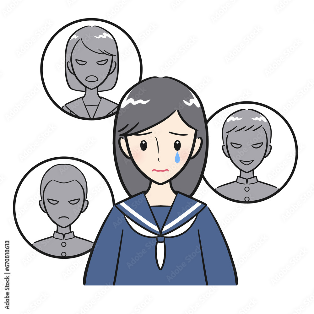 友達や同級生に仲間はずれにされて悩む女子学生（背景なし）
