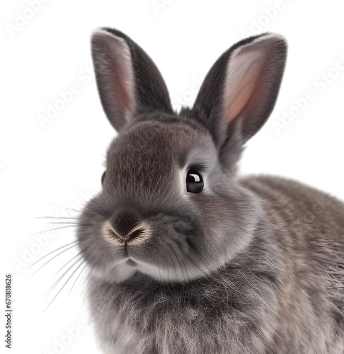 Close up shot, portrait of gray netherland dwarf rabbit isolated on transparent background, looking at the camera.  © Naige