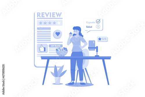 Blogger Woman Trying Food And Making Review