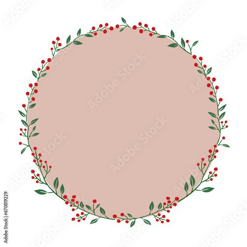 Holiday season Red berries vector illustration. Botanical circle frame and pink background design.Hand-drawn style.	