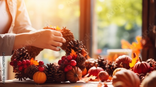 Little girl decorating a wreath with autumn leaves and berries. Thanksgiving