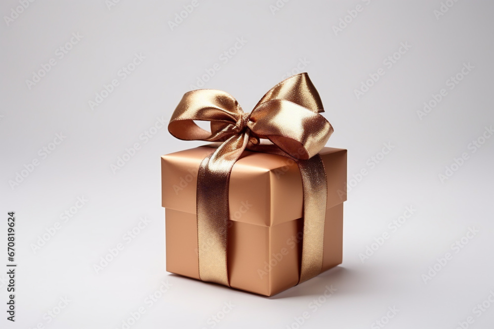 Gift box with gold ribbon on a white background, close up Gift box with gold ribbon on a white background, close up