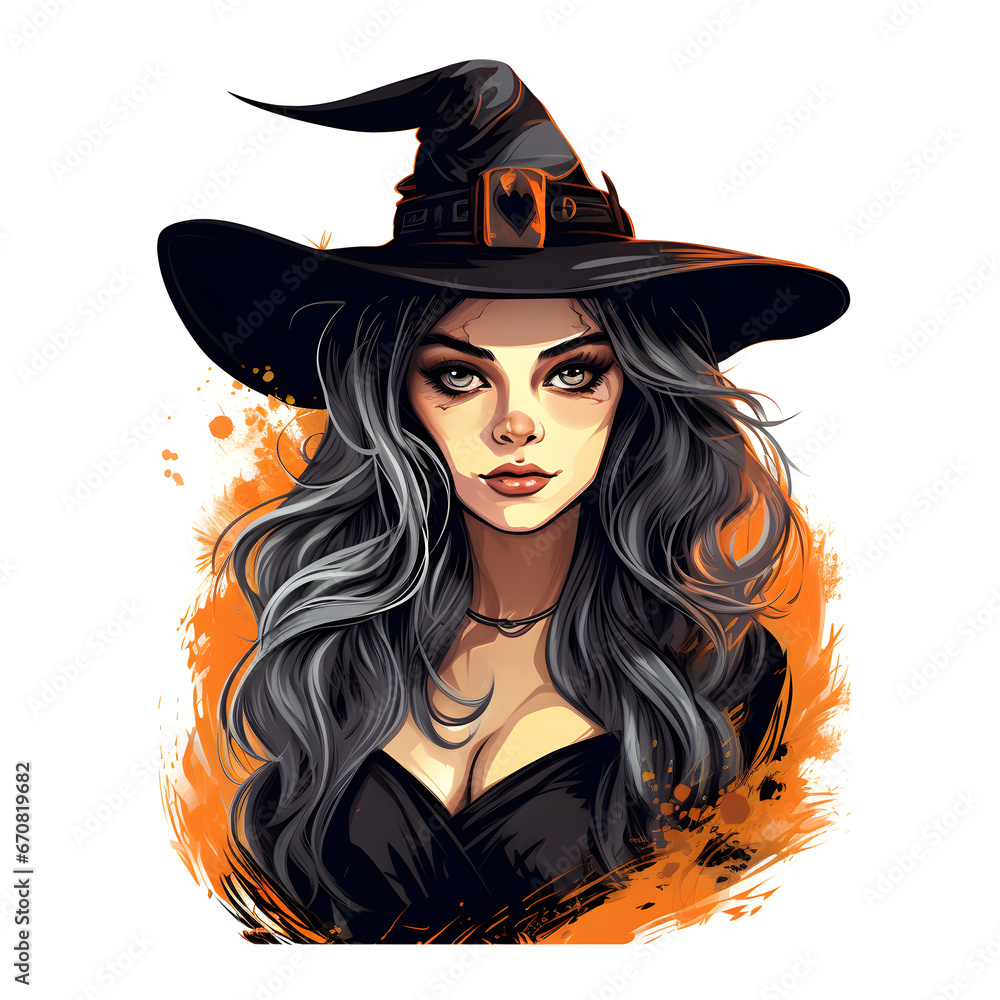 Clip art of beautiful witch isolated on white