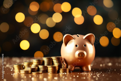 Piggy bank and coins on bokeh background, saving money concept