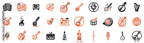 Global Sounds: Diverse Music Instrument Icons, set of instruments around the world, minimalist sober colors visuals