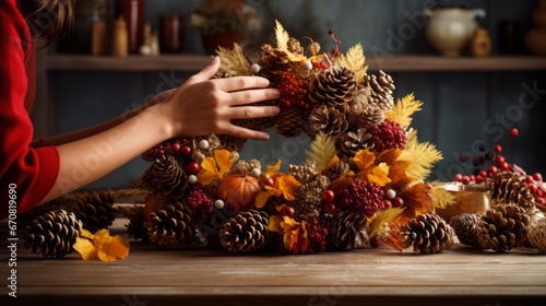 Female hands make autumn bouquets with pumpkins, berries, and leaves. Thanksgiving