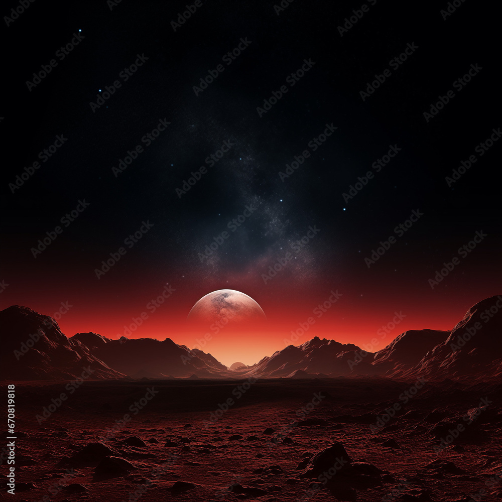 Glowing Mars Landscape with Moon in the Background