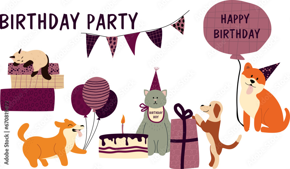 Fototapeta premium Banner for pet's birthday party. Set with different breed of dogs and cats. Hand drawn style, cite characters. Elements of birthday: gifts, garland, cake, balloons, birthday hat.