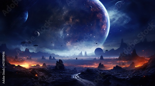 Fantasy of Another world with planet landscape background. AI generated image