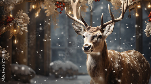 Majestic deer with christmas decoration on background. Christmas and New Year concept. © Jioo7