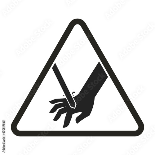 Triangle sign pictogram icon of 
hand injury with knife blade pinched machine with blood splashing for safety danger warning sign