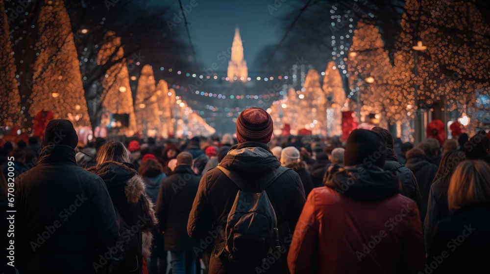 Christmas markets atmosphere with big crowd of people