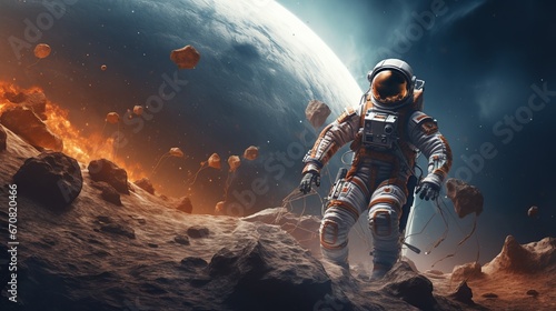 Realistic Astronaut walking on space. AI generated image