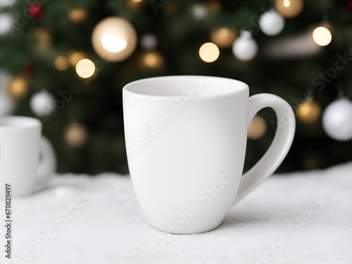 The empty white mug mock-up with beautiful blured bokeh Christmas atmosphere background for happy holiday xmas and new year festive.