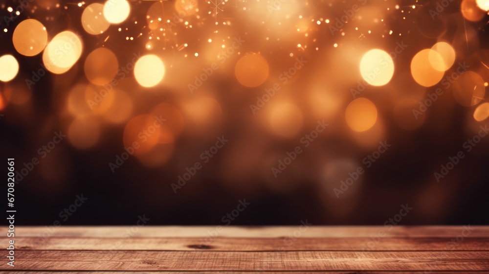 Wood with a Christmas background, abstract light celebration background with defocused lights, Christmas lights on a dark background