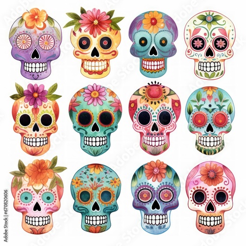 Set of Day of the Dead or Sugar Skulls,mexican skull,illustration