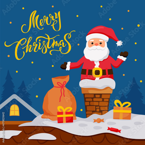 Santa Claus stuck in the chimney. Merry Christmas handwritten lettering. Vector illustration.