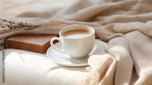 Cup of coffee and book on sofa at home  closeup