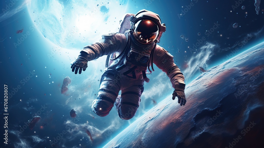 Realistic Astronaut walking on space. AI generated image