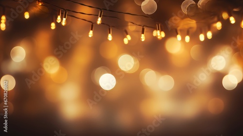 A cozy and warm background of blurred orange bokeh lights with a string of lights in the foreground. The lights create a cheerful and festive mood.
