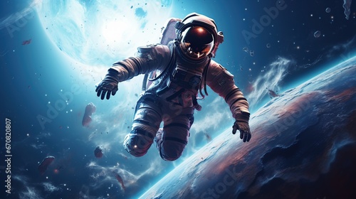 Realistic Astronaut walking on space. AI generated image