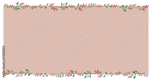 Holiday season Red berries vector illustration. Botanical frame and pink background design.Hand-drawn style.	