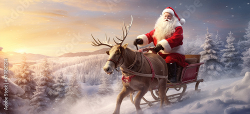 santa claus is riding on a reindeer in a sleigh, Christmas banner