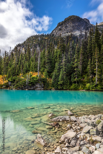 Blue glacier water of Joffre Lakes in the mountains of Western Canada