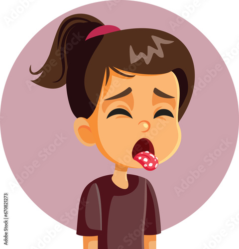 Little Girl Suffering from White Fungal Infection on her Tongue Vector Cartoon. Child having problems from an infectious nature experiencing a sore mouth 
