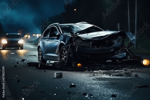 Insurance case - car accident. Dangers of speeding and drunk driving. A car being torn to pieces on the side of an urban road. Life, liability and property insurance.