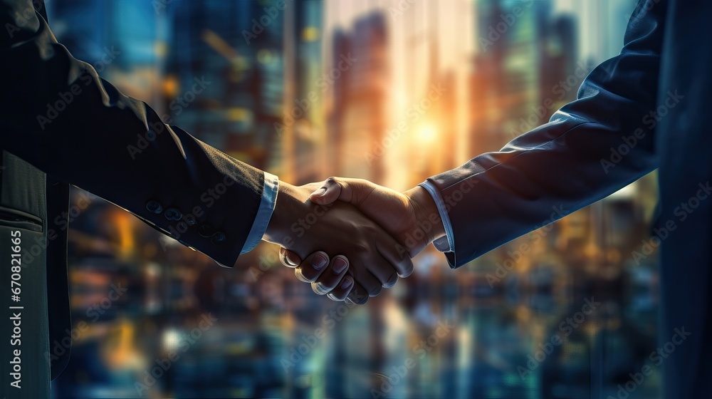 double exposure handshake between businessman on Modern building background double exposure handshake between businessman on Modern building background