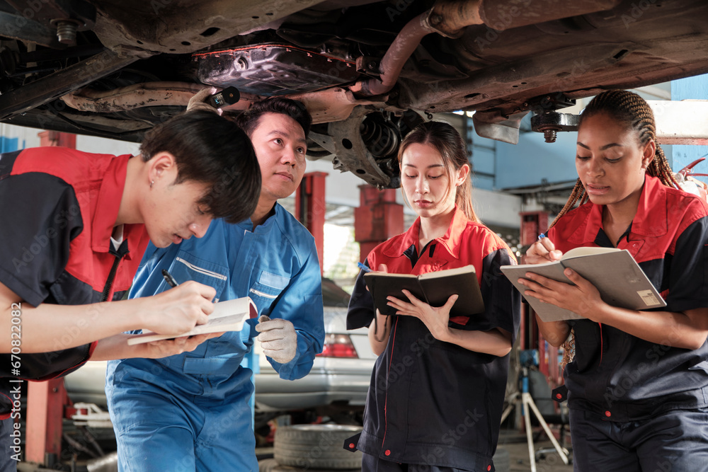 Obraz premium Specialist lecture, male supervisor engineer describe gasoline automotive fixing with mechanic worker staff teams for repair work at car service garage and maintenance jobs in automobile industry.