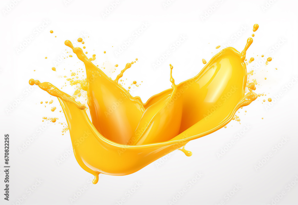 Splash of yellow juice isolated, orange juice, mango juice splash on white background - obrazy, fototapety, plakaty 