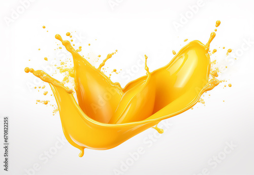 Splash of yellow juice isolated, orange juice, mango juice splash on white background