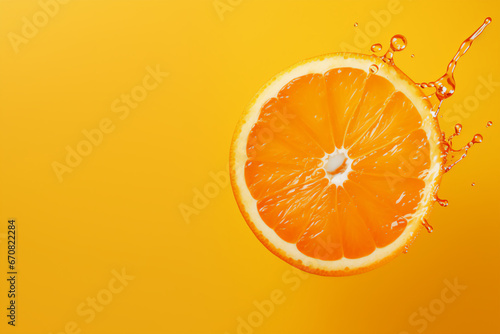 Orange slice with drops on yellow orange background, copy space