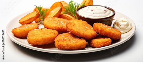 Chicken nuggets with sauce and vegetables on a white plate