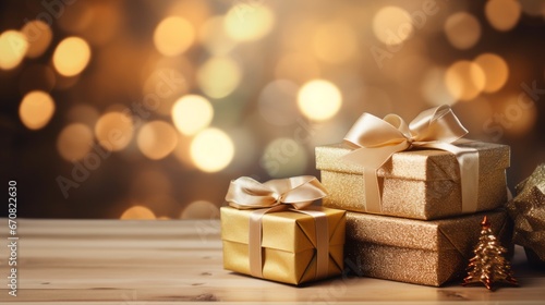 A stack of Christmas presents with gold ribbons on a wooden table with a blurred background of lights. The concept is Christmas and gift giving.