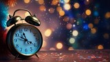 A colorful photo of a black vintage alarm clock on a bokeh background, perfect for New Years or holiday designs.