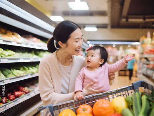 Asian-american women shopping at supermarkets with their children