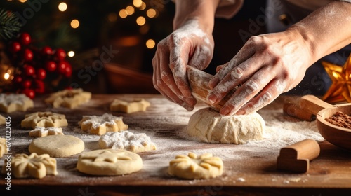 a person making Christmas cookies with festive decorations in the background. It is a holiday tradition of baking and decorating.