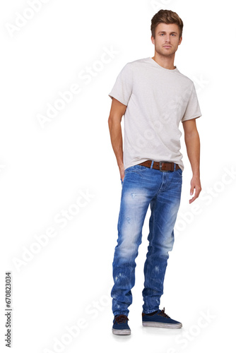 Portrait, fashion and serious man in jeans isolated on a transparent png background. Confident, style and person with hand in pocket, casual clothes and trendy tshirt for cool aesthetic in Australia