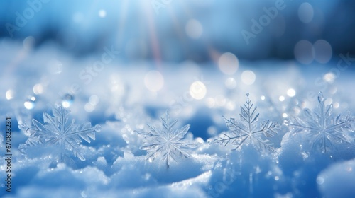 Close-up of snowflakes displaying winter's intricate designs on a shimmering surface.