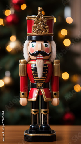 Traditional wooden nutcracker figurine adorned in a royal red uniform against a festive Christmas backdrop. 