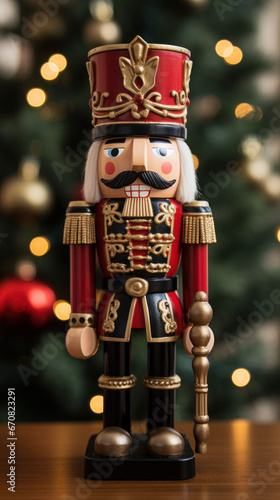 Traditional wooden nutcracker soldier standing against a decorated Christmas backdrop.