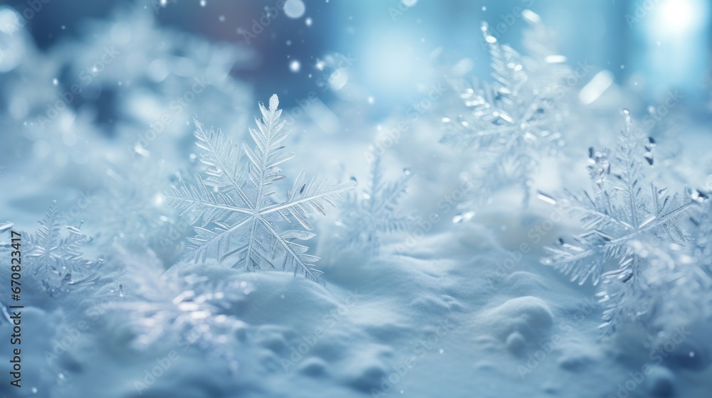 Close-up of delicate snowflakes on a shimmering winter background with soft light. Close-up of delicate snowflakes on a shimmering winter background with soft light.