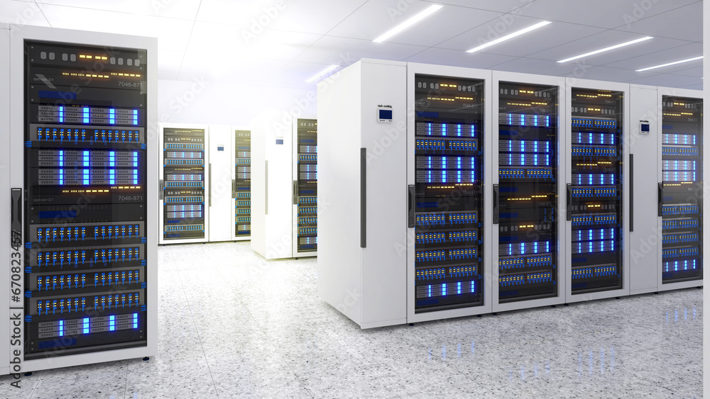 Shot of Data Center With Multiple Rows of Fully Operational Server Racks. Modern Telecommunications,Data center cooling,server room,3d rendering - obrazy, fototapety, plakaty 