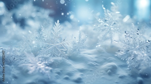 Close-up of delicate snowflakes on a shimmering winter background with soft light.