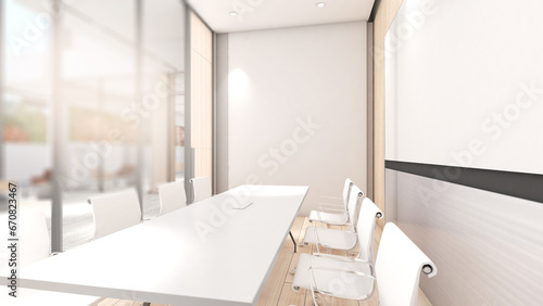 A small meeting room for 8 seats in an office building.  3d rendering