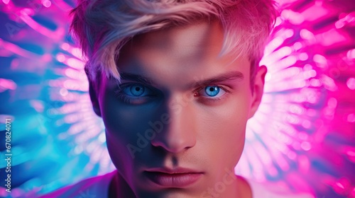 Portrait man Fashion make up young blond hair  teenage boy model.AI generated image