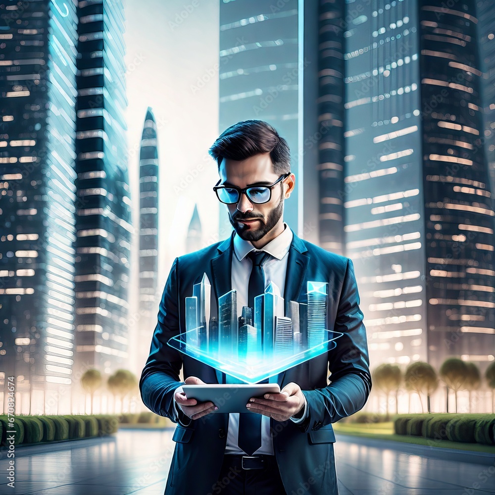 Man with digital tablet and buildings hologram